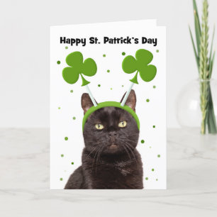 Happy St Patricks Day Black Cat in Shamrocks Holiday Card
