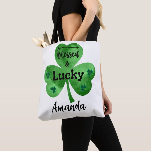 Happy St. Patrick's Day  Blessed and Lucky Tote Bag (Close Up)