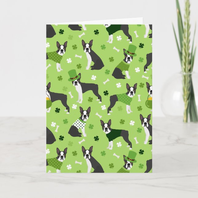 Happy St. Patrick's Day Boston Terrier Holiday Card (Front)