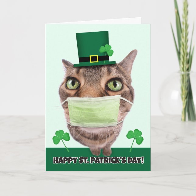 Happy St. Patrick's Day Cat in Pandemic Face Mask Holiday Card (Front)