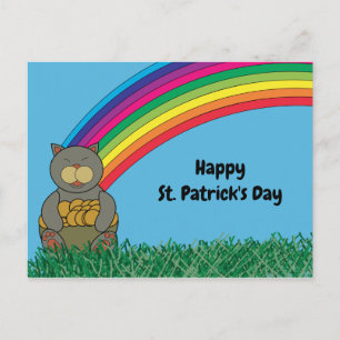 Happy St Patricks Day Cat Rainbow Pot of Gold Postcard