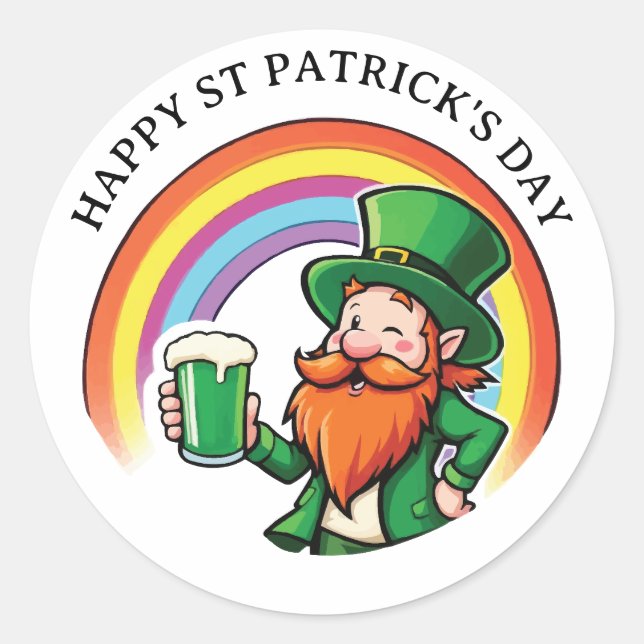 Happy St Patrick's Day Cheerful Leprechaun Classic Round Sticker (Front)