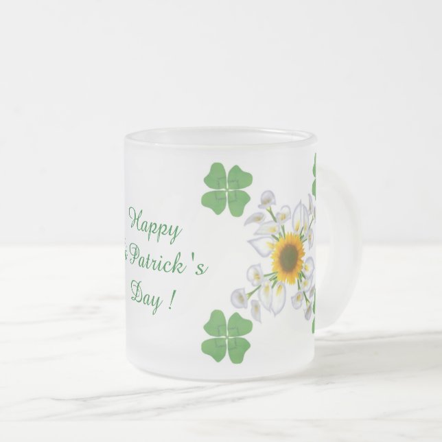 Happy St. Patrick's Day ! Clover with Calla Frosted Glass Coffee Mug (Front Right)