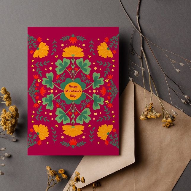 Happy St. Patrick's Day clovers & flowers magenta Card (Creator Uploaded)