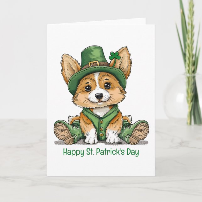 Happy St. Patrick's Day Corgi Dog Holiday Card (Front)