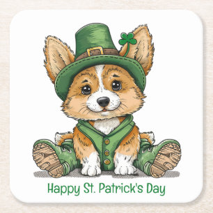 Happy St. Patrick's Day Corgi Dog Square Paper Coaster
