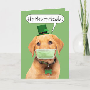 Happy St Patrick's Day Cute Dog in Face Mask Holiday Card