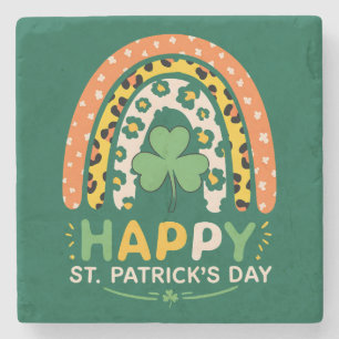 Happy St Patrick's Day Cute Rainbow Leopard Stone Coaster