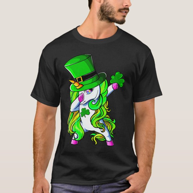 Happy St Patrick's Day Dabbing Unicorn Lucky Shamr T-Shirt (Front)