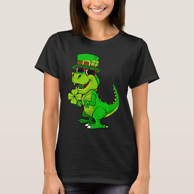 Happy St Patrick's Day Dinosaur Rex Lucky Shamrock T-Shirt (Front)