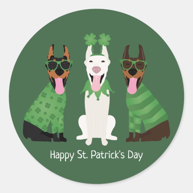 Happy St Patricks Day Dobermann Dogs Classic Round Sticker (Front)
