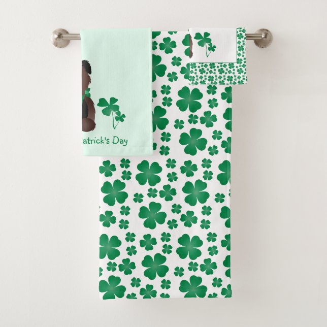 Happy St Patricks Day Dog Four Leaf Clover Green Bath Towel Set (Insitu)