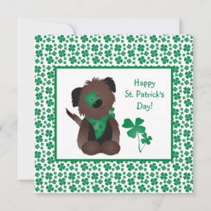 Happy St Patricks Day Dog Four Leaf Clover Green Card