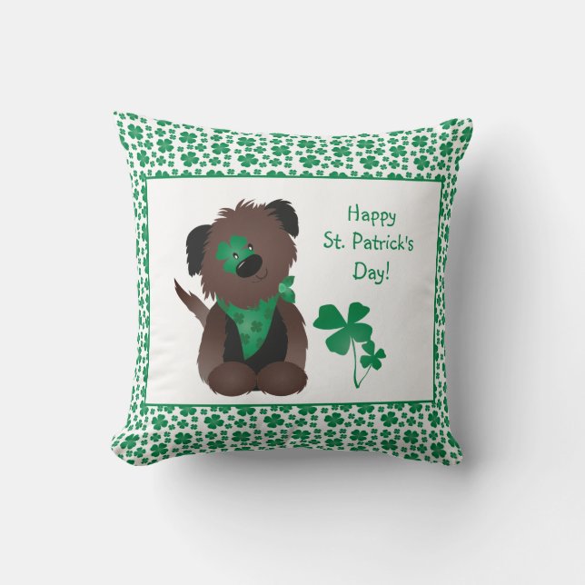 Happy St Patricks Day Dog Four Leaf Clover Green Cushion (Front)