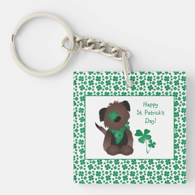 Happy St Patricks Day Dog Four Leaf Clover Green Key Ring (Front)