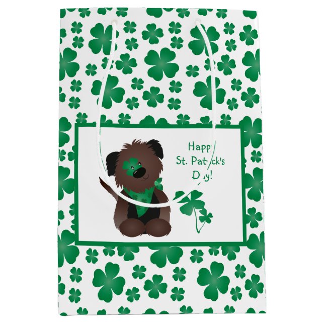 Happy St Patricks Day Dog Four Leaf Clover Green Medium Gift Bag (Front)