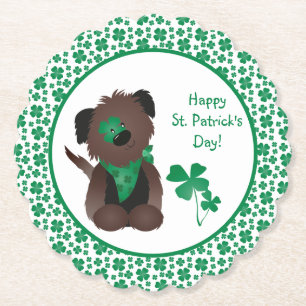 Happy St Patricks Day Dog Four Leaf Clover Green Paper Coaster