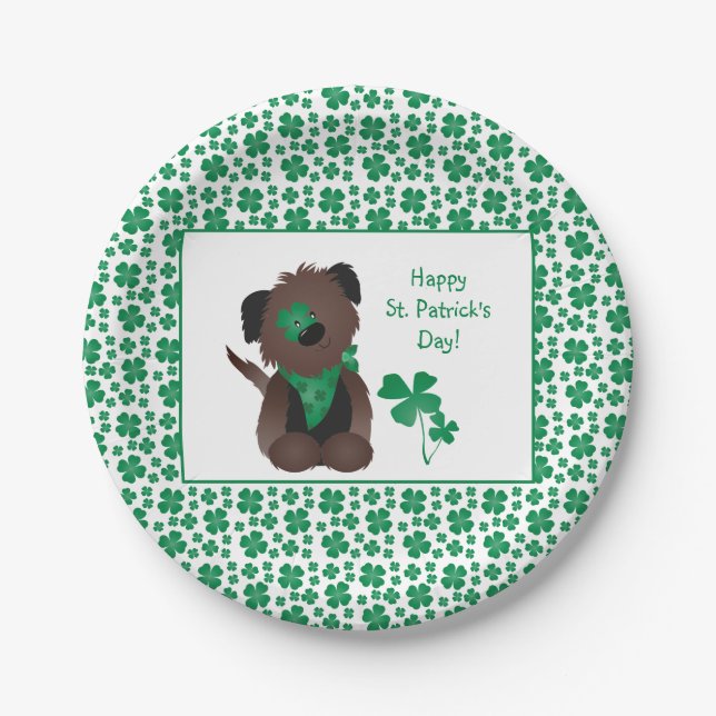 Happy St Patricks Day Dog Four Leaf Clover Green Paper Plate (Front)