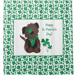 Happy St Patricks Day Dog Four Leaf Clover Green Shower Curtain