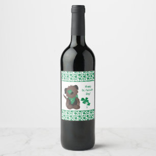 Happy St Patricks Day Dog Four Leaf Clover Green Wine Label