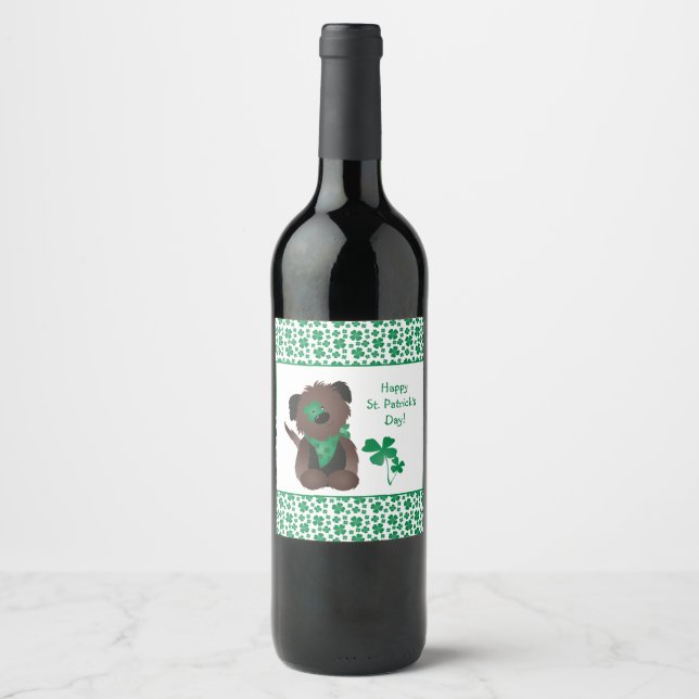 Happy St Patricks Day Dog Four Leaf Clover Green Wine Label (Front)