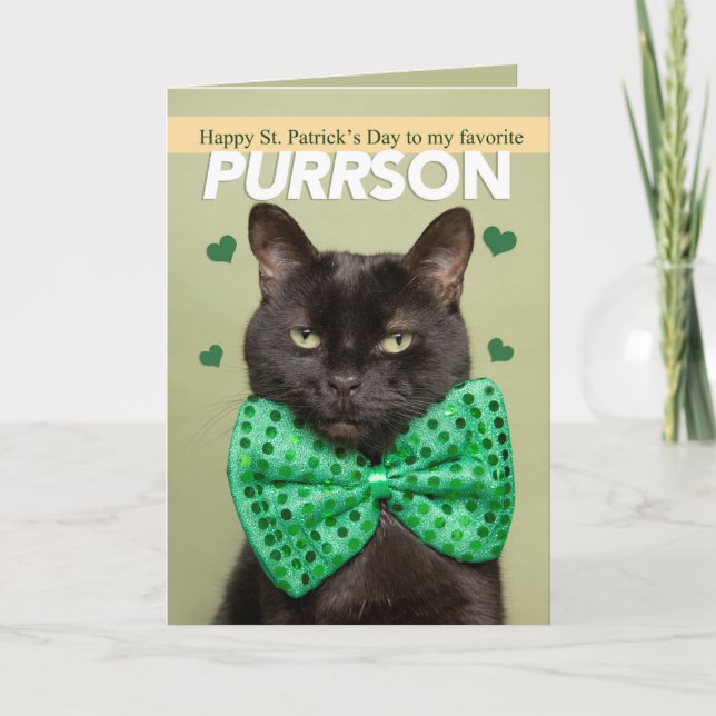 Happy St. Patrick's Day For Anyone Cute Black Cat Holiday Card (Front)
