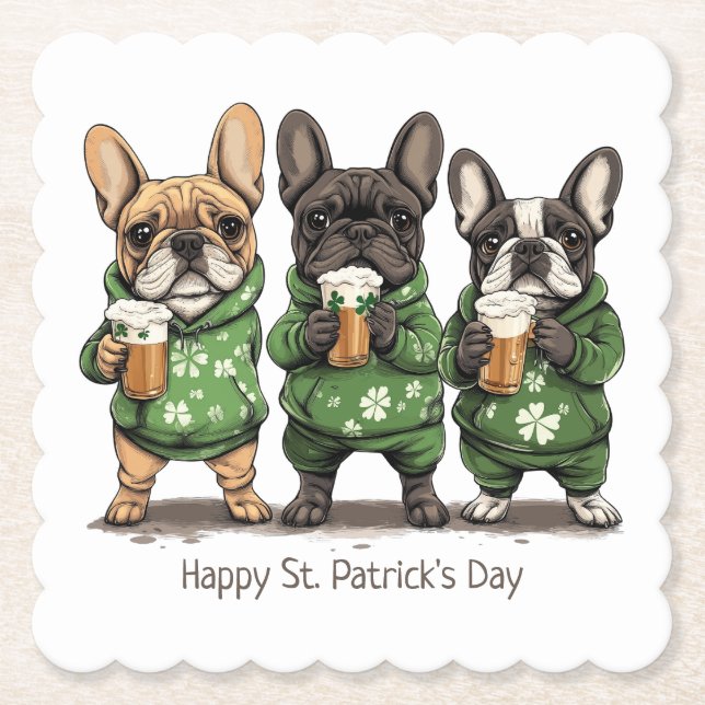Happy St. Patrick's Day French Bulldogs Paper Coaster (Front)