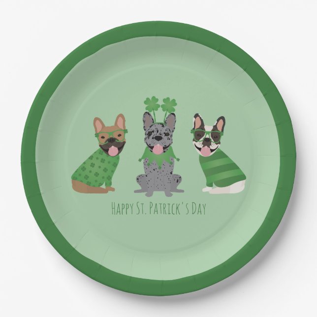 Happy St Patricks Day French Bulldogs Paper Plate (Front)