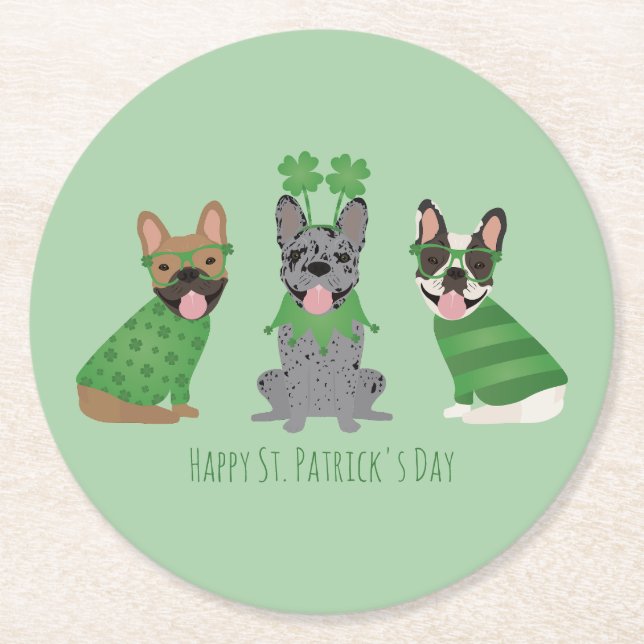 Happy St Patricks Day French Bulldogs Round Paper Coaster (Front)