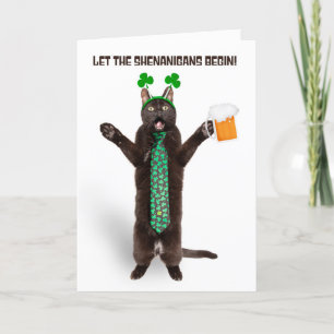 Happy St Patricks Day Funny Cat in Shamrock Tie  Holiday Card