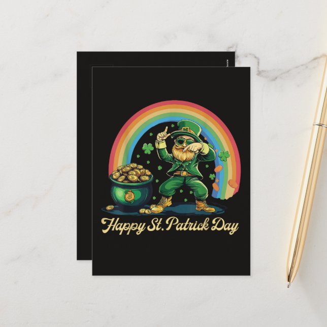 Happy St Patricks Day Funny Leprechaun Holiday Postcard (Front/Back In Situ)