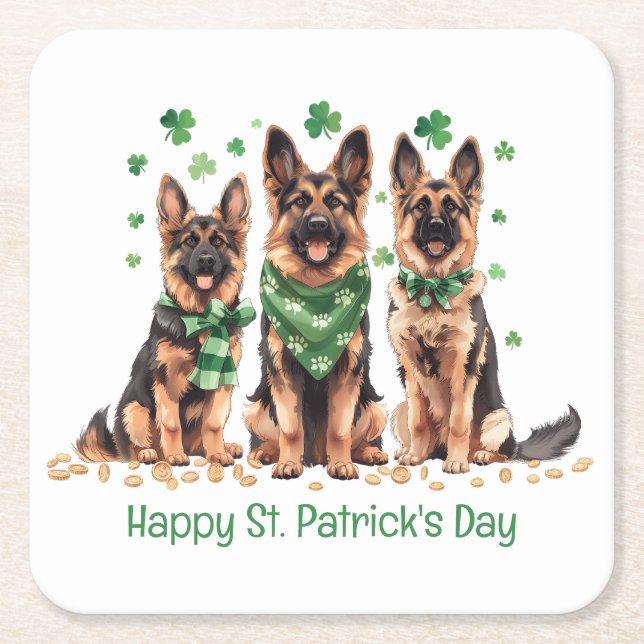 Happy St. Patrick's Day German Shepherd Dogs Square Paper Coaster (Front)