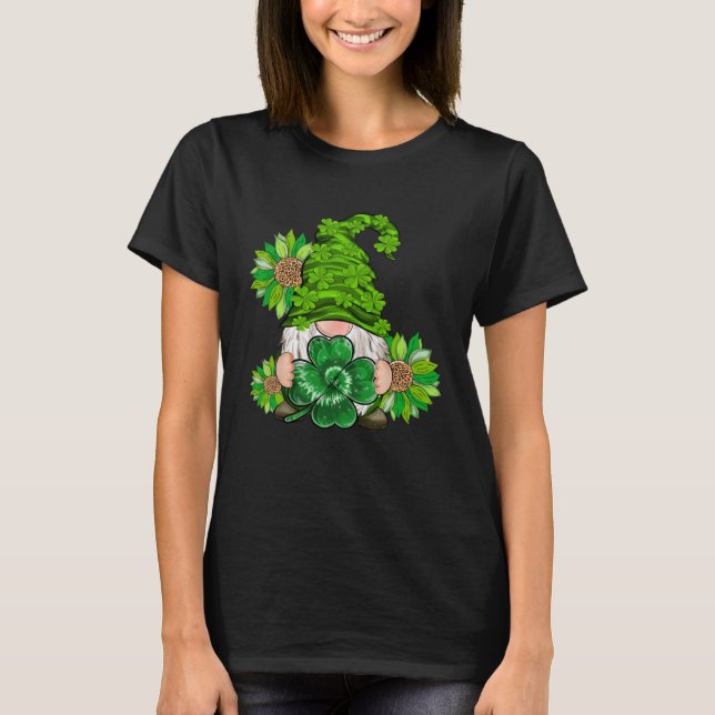 Happy St Patrick's Day Gnome with Leopard Sunflowe T-Shirt (Front)