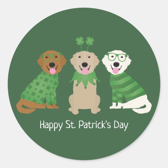 Happy St Patricks Day Golden Retriever Dogs Classic Round Sticker (Front)
