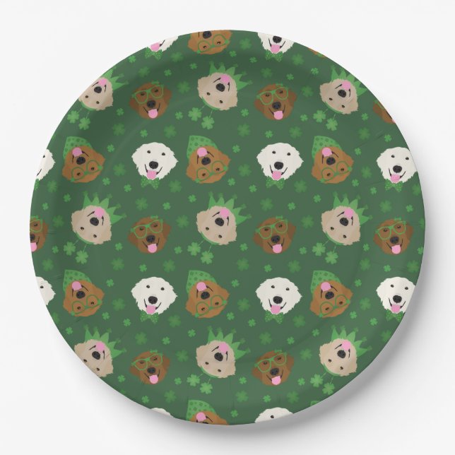 Happy St Patricks Day Golden Retriever Dogs Paper Plate (Front)