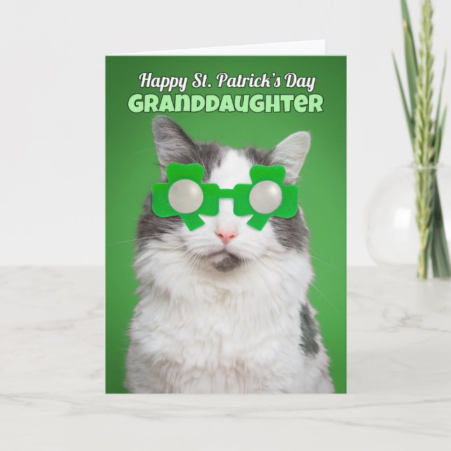 Happy St. Patrick's Day Granddaughter Cat Humour Card (Front)