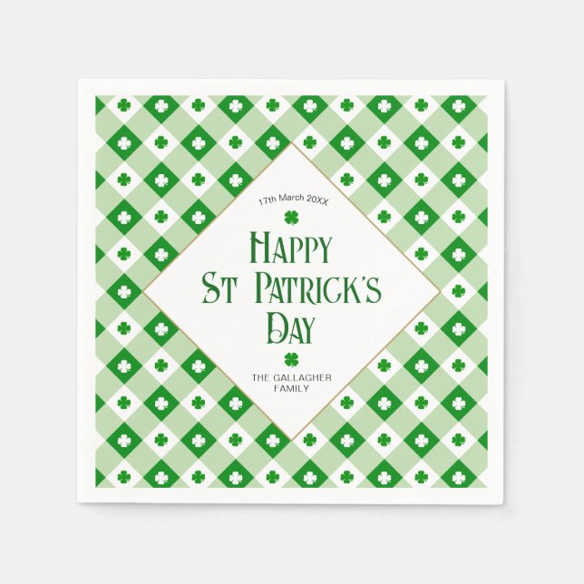 Happy St Patrick's Day Green Clover Plaid Name Napkin (Front)