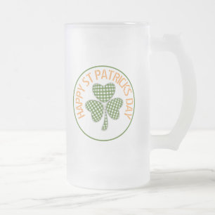 Happy St Patrick's Day Green Gingham Shamrock Frosted Glass Beer Mug