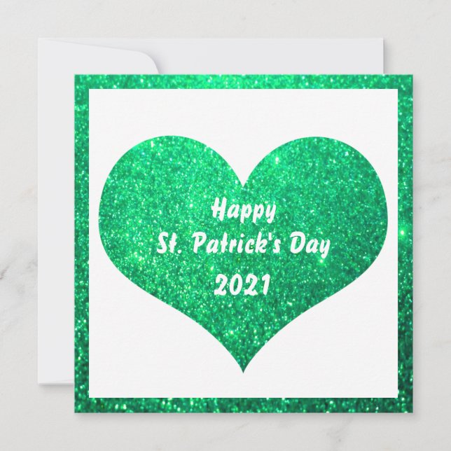 Happy St Patrick's Day Green Glitter Heart Cute Card (Front)