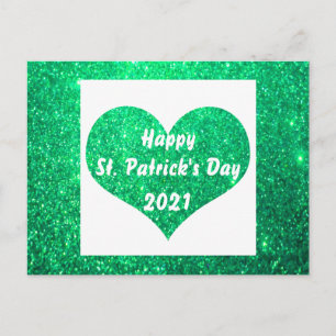 Happy St Patrick's Day Green Glitter Heart Cute Postcard