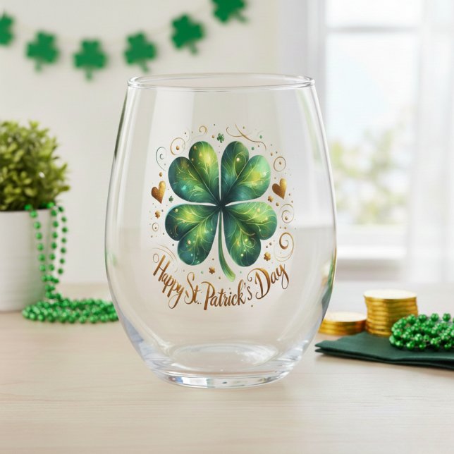 Happy St. Patrick's Day Green & Gold Shamrock Stemless Wine Glass (Happy St. Patrick's Day Green & Gold Shamrock Stemless Wine Glass)