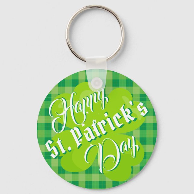 Happy St. Patrick's Day Green Tartan Lucky Clover Key Ring (Front)