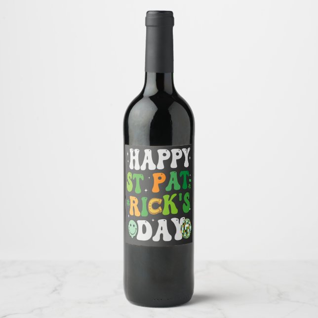 Happy St Patrick's Day Groovy Retro Disco Ball  Wine Label (Front)