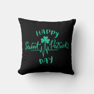 Happy St Patricks Day Heartbeat pulse Shamrock Cushion