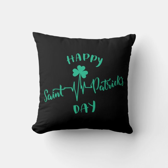 Happy St Patricks Day Heartbeat pulse Shamrock Cushion (Front)