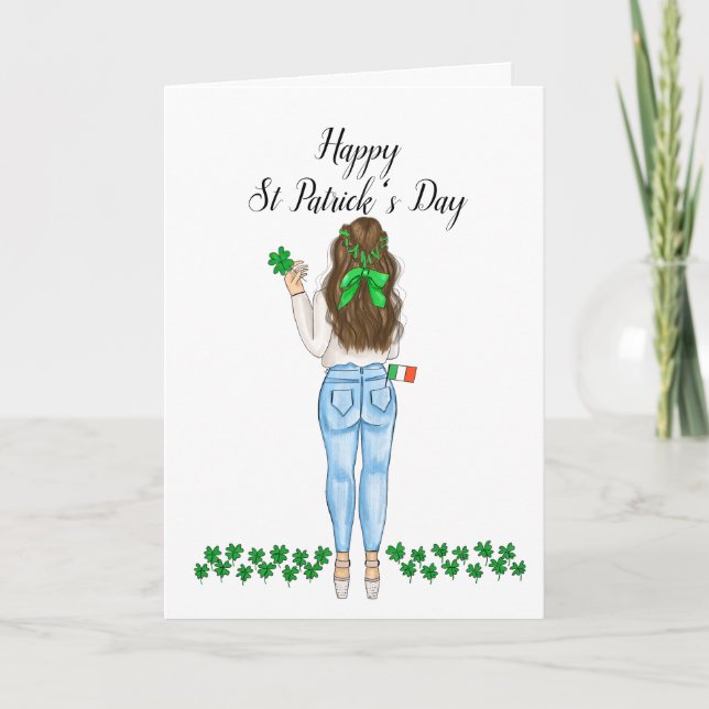 Happy St Patrick's Day Irish Female Clover Holiday Card (Front)
