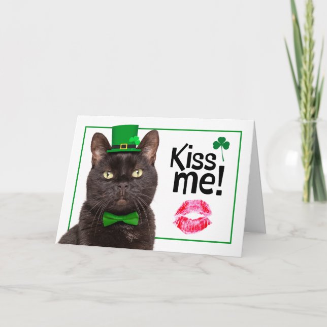 Happy St Patricks Day Kiss Me Cat in Green Hat Holiday Card (Front)