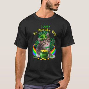 Happy St Patricks Day Kitten Leprechaun Hat Shamro T-Shirt