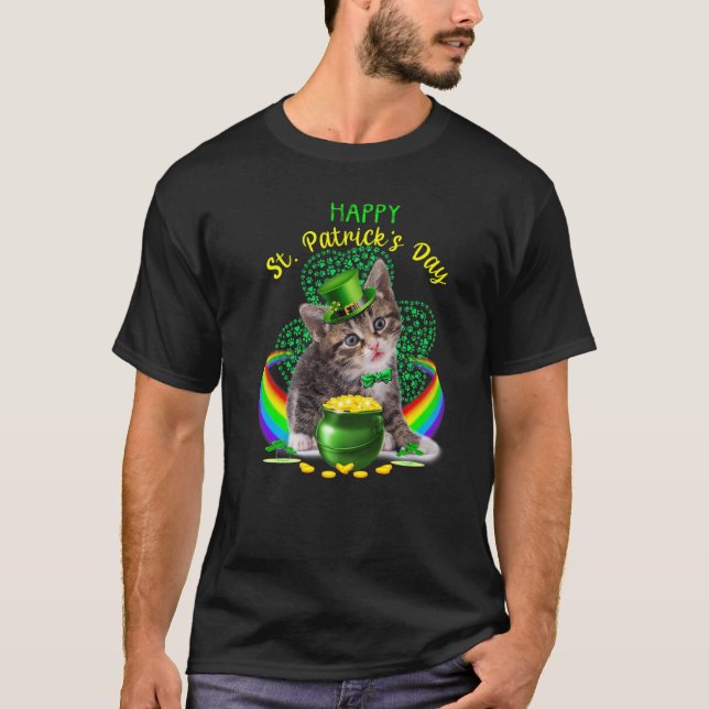 Happy St Patricks Day Kitten Leprechaun Hat Shamro T-Shirt (Front)