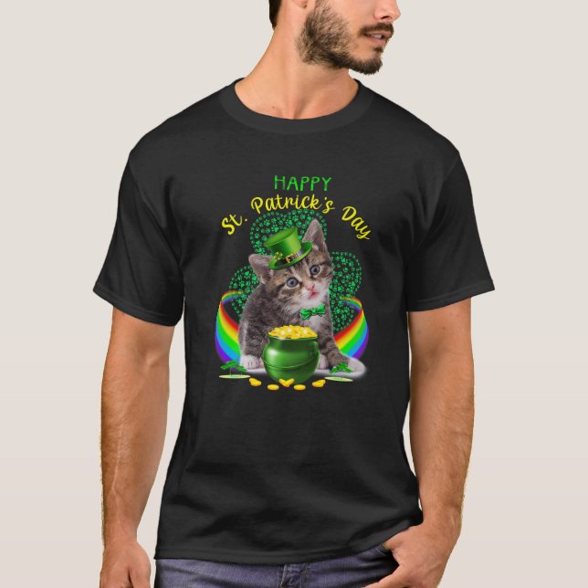 Happy St Patricks Day Kitten Leprechaun Hat Shamro T-Shirt (Front)